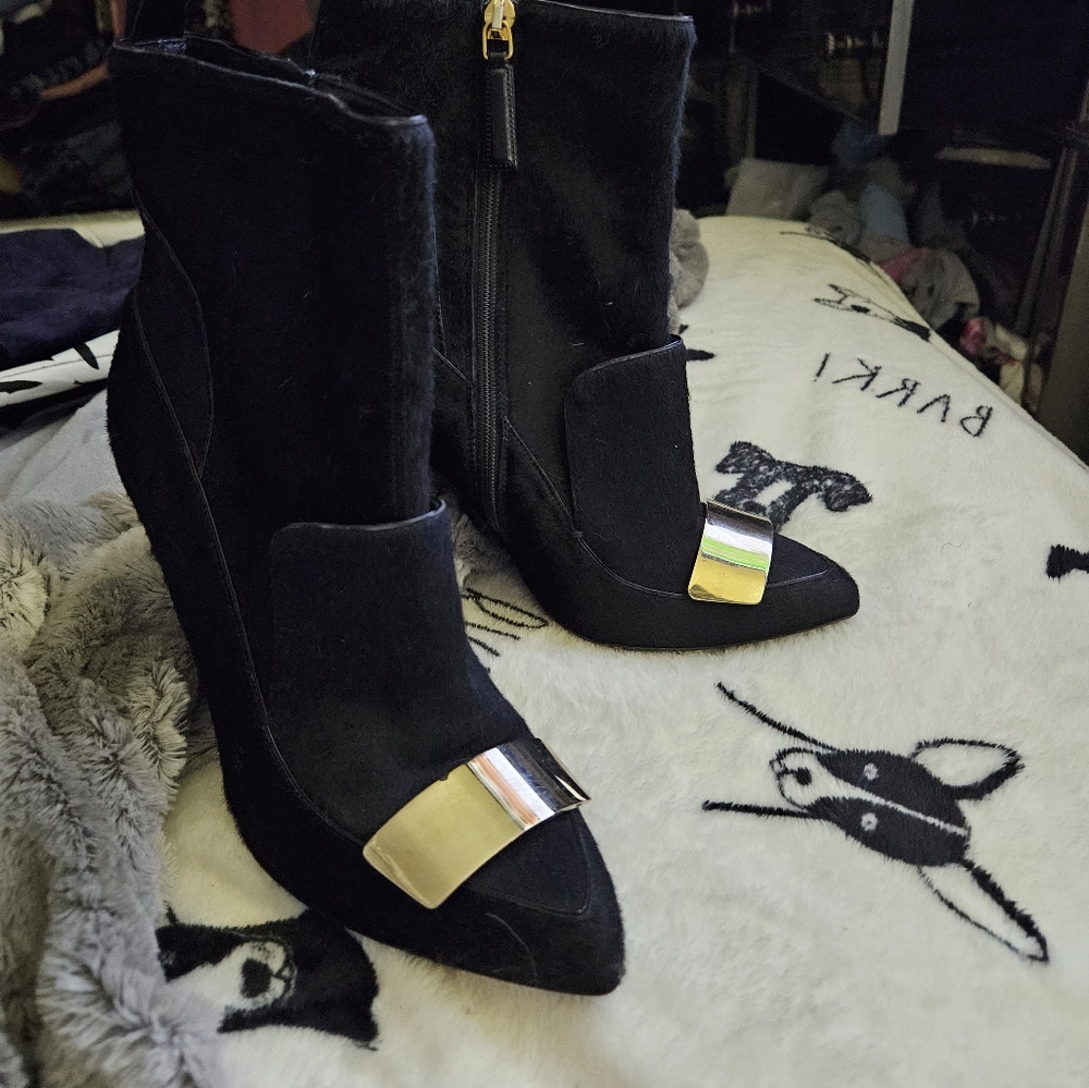 Black pony skin ankle boots